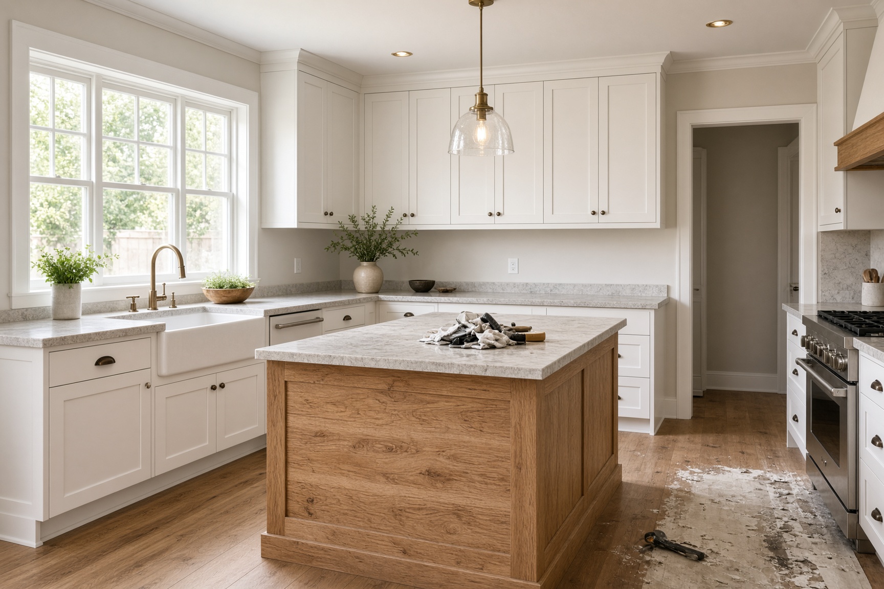 A kitchen renovation with an oak island